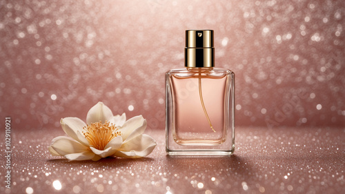 A captivating perfume bottle alongside a delicate flower on a sparkling pink background, showing elegance and charm.