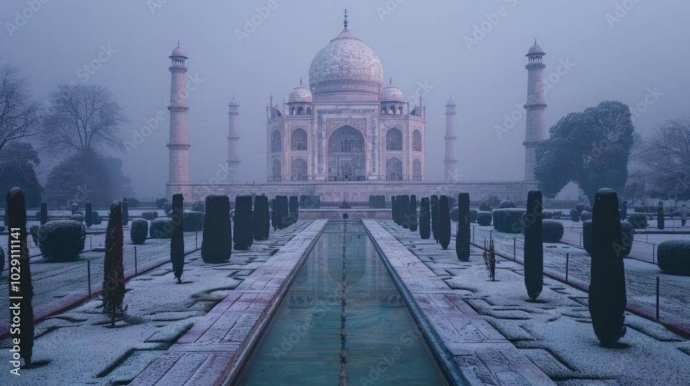 Obraz premium The Taj Mahal in Fog with Snow-Covered Grounds