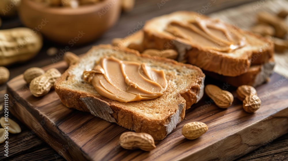Delicious peanut butter toast and peanuts on a wooden kitchen board on the table. Delicious peanut butter toast and peanuts on a wooden kitchen board on the table.