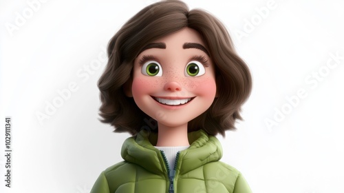 3D character close up portrait of a happy white woman in a casual green jacket, with a big smile and relaxed expression, on a white backdrop, cartoon style, in the style of 3D design