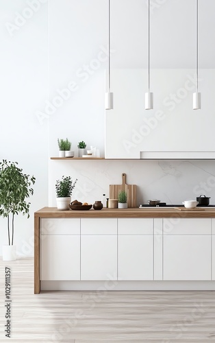 Minimalistic white kitchen with touches of greenery, sleek wooden countertops, and a simple but elegant design