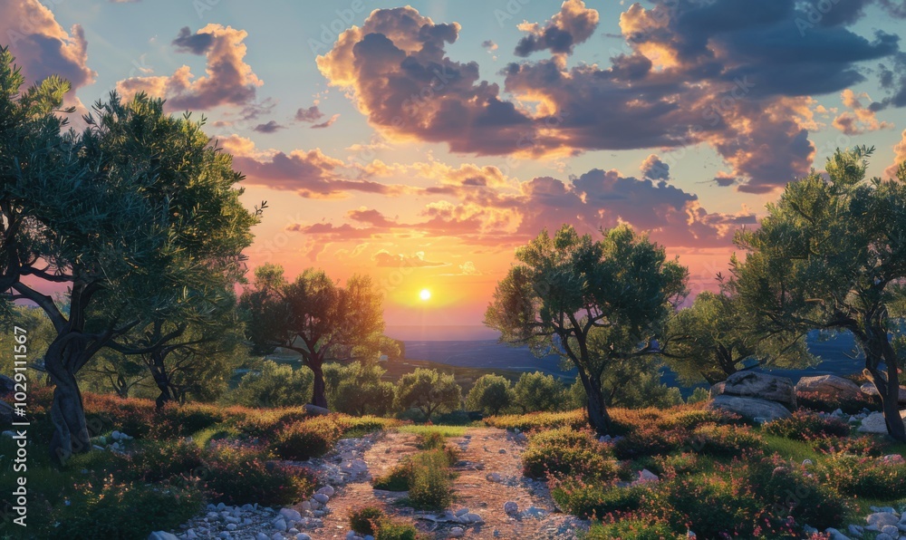 Olive grove under a Mediterranean sunset, 4K hyperrealistic photo Olive grove under a Mediterranean sunset, 4K hyperrealistic photo