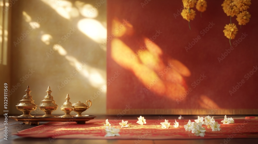 An empty scene featuring a traditional Kannada wedding setup with brass lamps and jasmine flowers, subtly colored in Karnataka’s red and yellow, An empty scene featuring a traditional Kannada wedding setup with brass lamps and jasmine flowers, subtly colored in Karnataka’s red and yellow,
