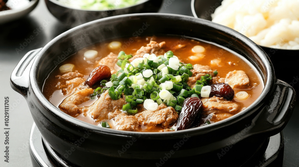 Steaming bowl of Korean beef stew garnished with scallions and red dates Steaming bowl of Korean beef stew garnished with scallions and red dates