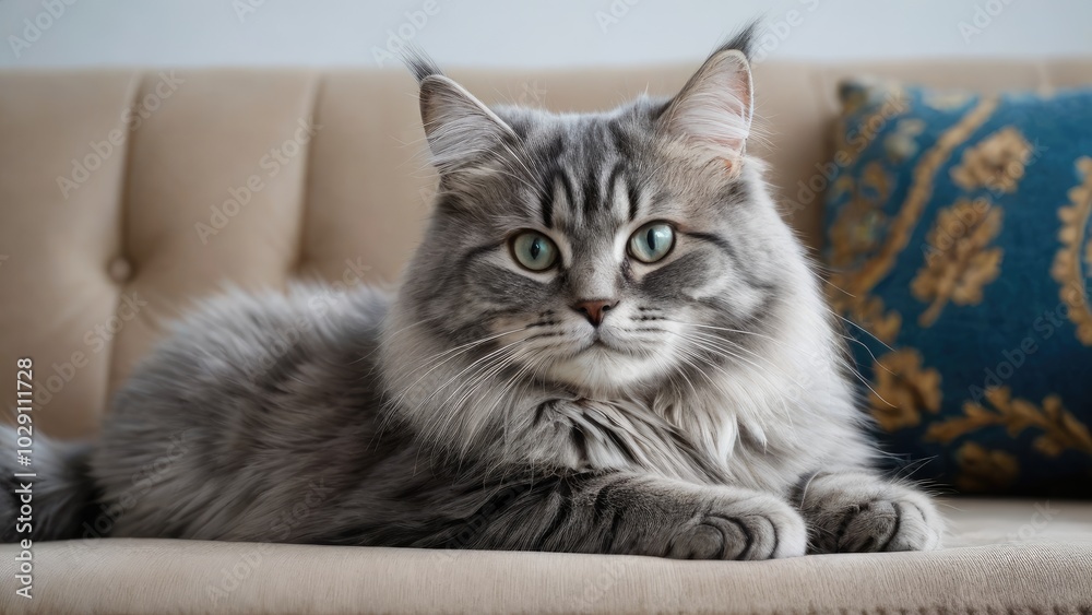Blue siberian cat lying on sofa at home Blue siberian cat lying on sofa at home