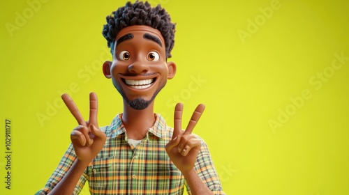 3D character close up portrait of a joyful black man in a plaid button-up shirt, holding up two fingers in a playful gesture, on a lime green gradient backdrop, copy space, cartoon style