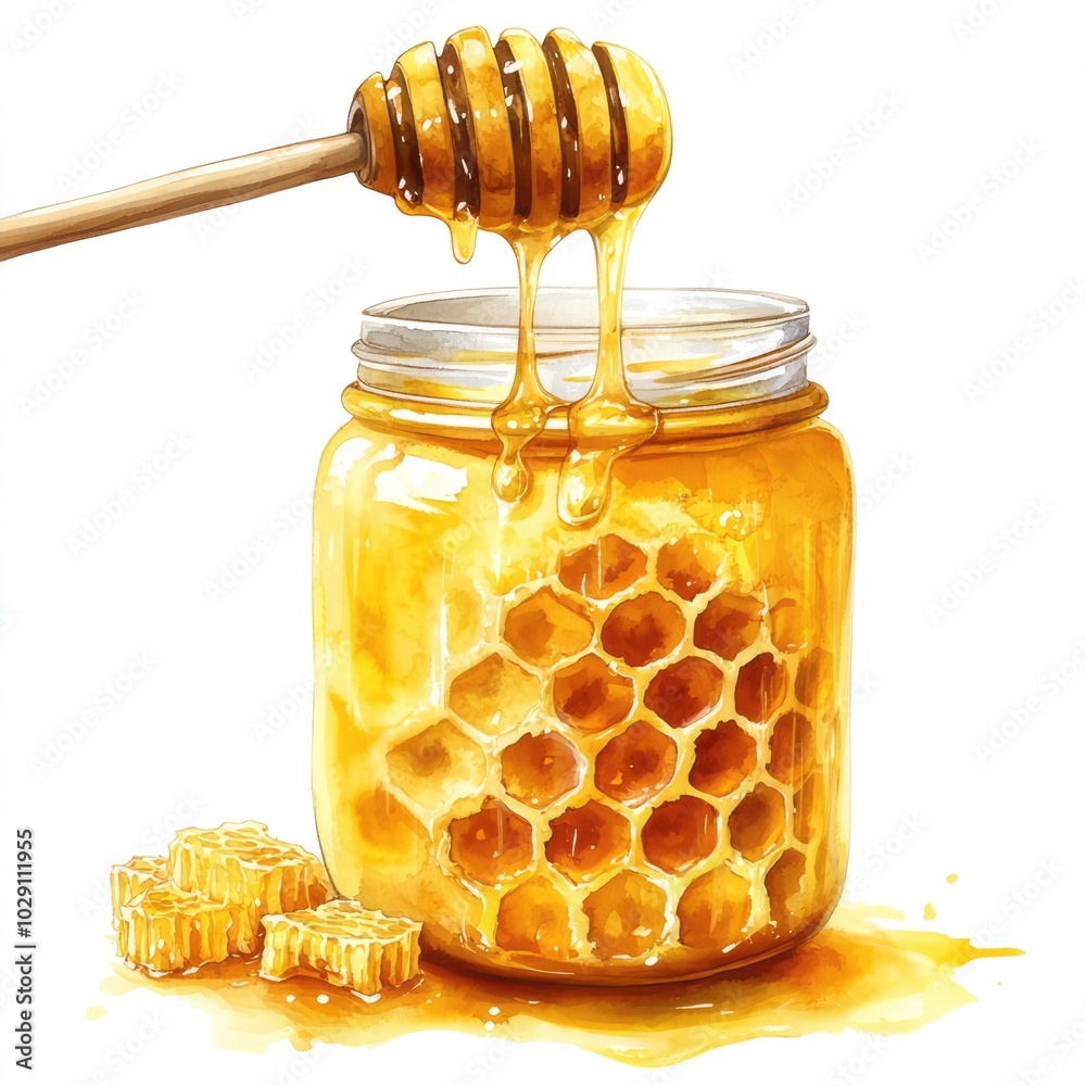 Cute Honey Jar with Dripping Honey and Honeycomb Texture Watercolor Cute Honey Jar with Dripping Honey and Honeycomb Texture Watercolor