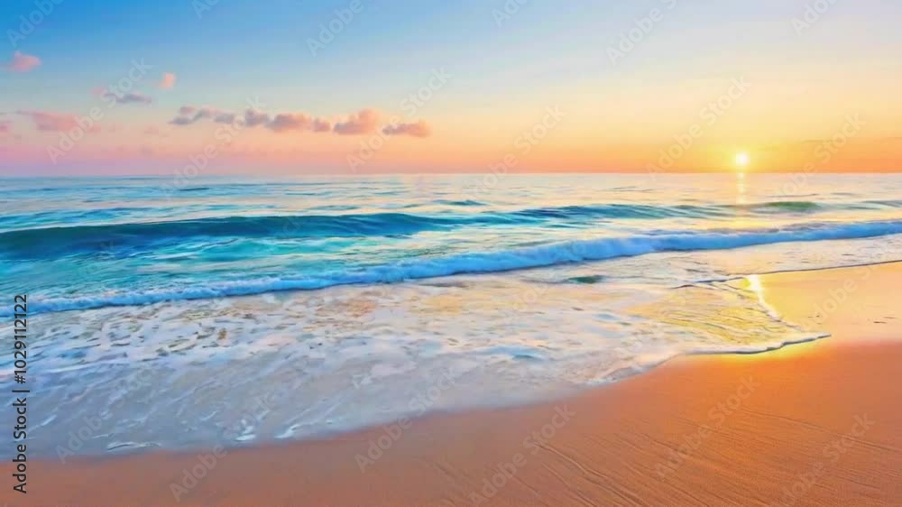 A serene beach scene at sunset, showcasing gentle waves and a colorful sky. A serene beach scene at sunset, showcasing gentle waves and a colorful sky.