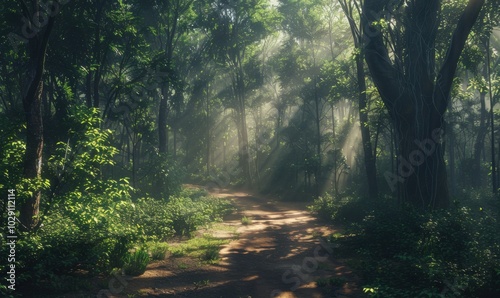 Sunlit pathway through a dense forest with dappled sunlight, 4K hyperrealistic photo