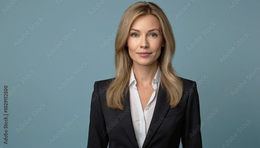 Portrait of professional business smart Caucasian woman in black suit on light blue background. Business style. Portrait of professional business smart Caucasian woman in black suit on light blue background. Business style.