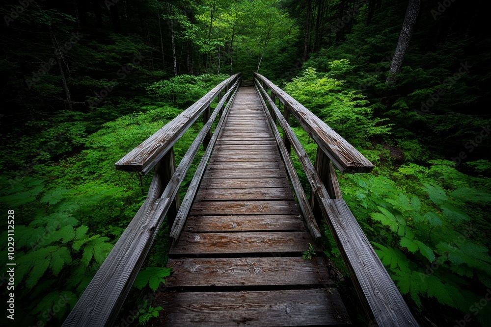 An abandoned wooden bridge in a dense forest, its planks rotting and railings leaning, yet still standing strong amidst the overgrowth, evoking a sense of quiet resilience An abandoned wooden bridge in a dense forest, its planks rotting and railings leaning, yet still standing strong amidst the overgrowth, evoking a sense of quiet resilience