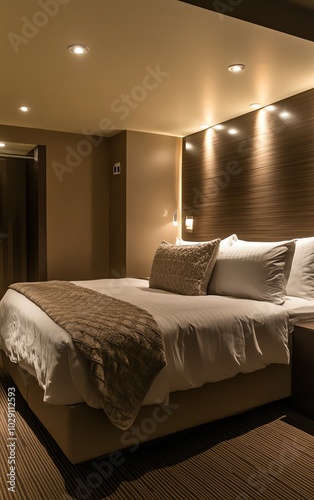 Upscale hotel room with a spalike bathroom, modern lighting, and a kingsized bed photo