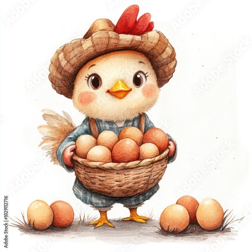 Cute Watercolor Chicken with Eggs in Isometric Style