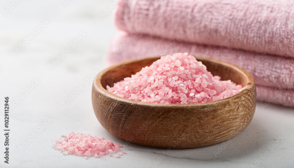 Wooden bowl of pink bath salt with folded towel on background. Spa, relaxation and bathing theme Wooden bowl of pink bath salt with folded towel on background. Spa, relaxation and bathing theme