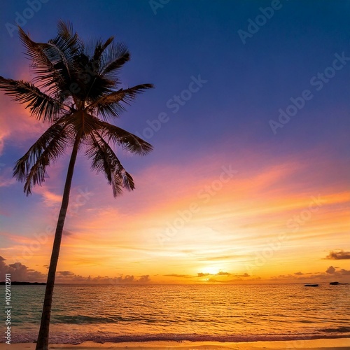 Palmeira Solitária ao Pôr do Sol em Praia Tropical