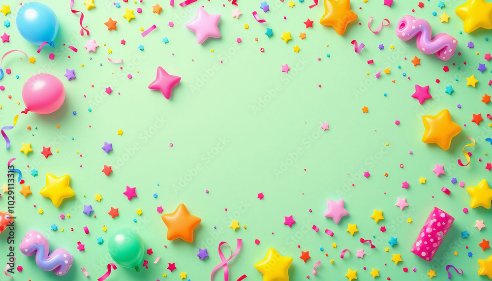 This image features a festive celebration scene with colorful balloons, stars, and ribbons scattered. creating a joyful atmosphere.
This image features a festive celebration scene with colorful balloons, stars, and ribbons scattered. creating a joyful atmosphere.