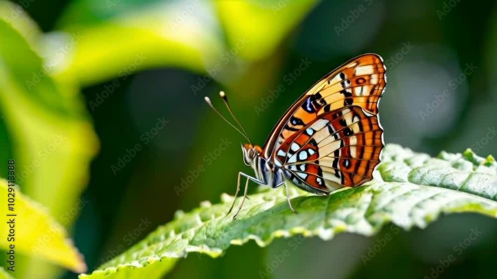 A vibrant butterfly perched on a green leaf, showcasing its intricate patterns and colors. A vibrant butterfly perched on a green leaf, showcasing its intricate patterns and colors.