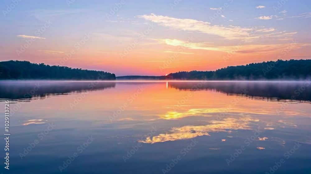 Serene lake at sunset with colorful reflections and misty landscapes. Serene lake at sunset with colorful reflections and misty landscapes.