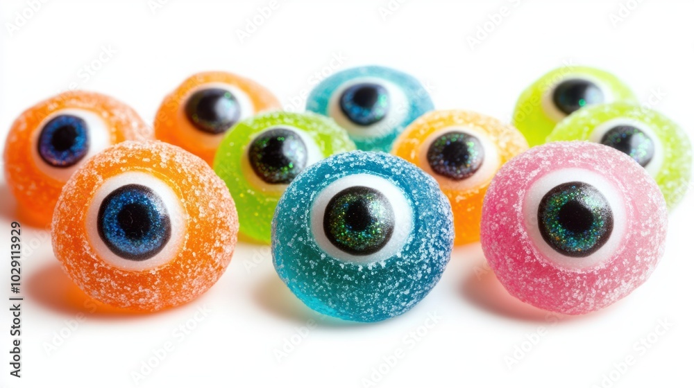 Fototapeta premium Eyeball-shaped Halloween gummies in bright colors, creepy and fun, isolated on white background