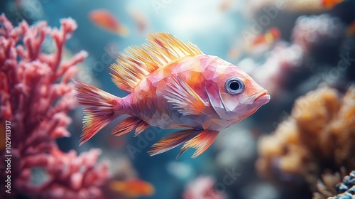 Low poly fish navigating vibrant coral reefs, showcasing a colorful underwater ecosystem teeming with life and movement