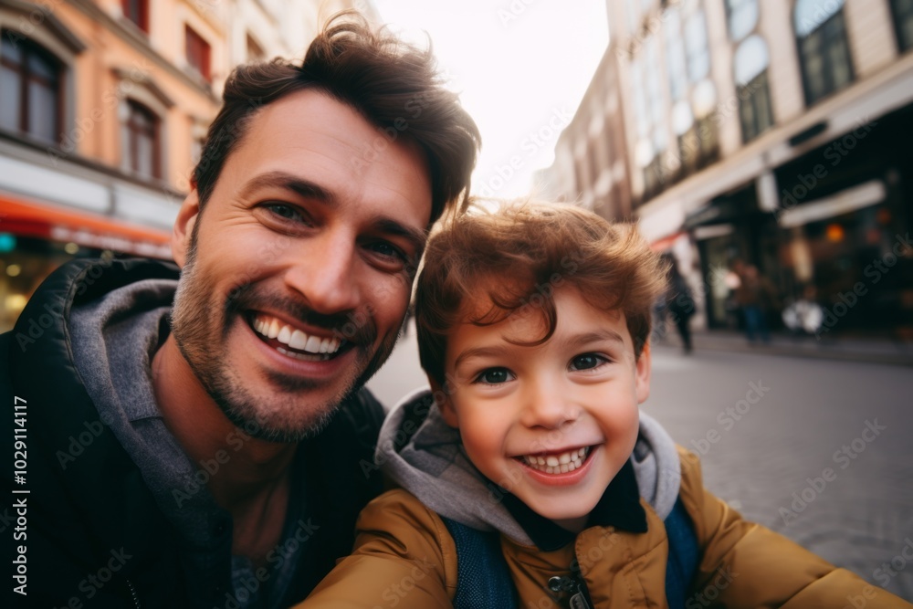 Close up of father and his son taking selfie in city Close up of father and his son taking selfie in city