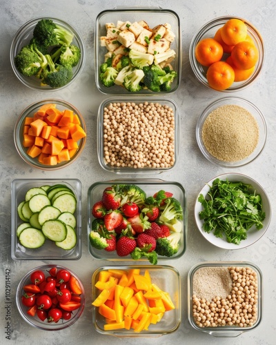 Healthy meal prep with fresh vegetables, fruits, and grains for nutritious eating