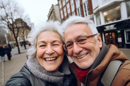 Close up of senior couple taking selfie in city