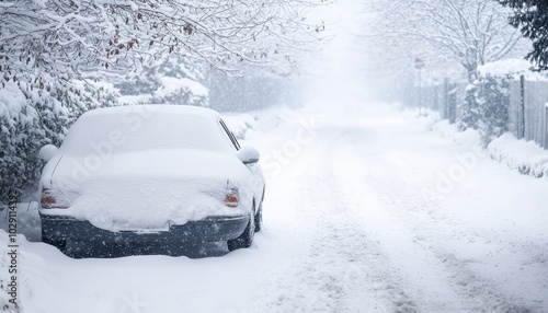 A snow-covered street featuring a car buried in white snow, creating a serene winter landscape.
