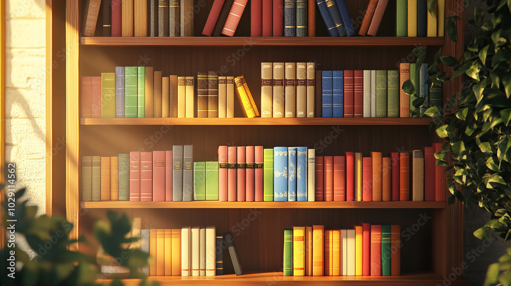 Wooden bookshelf background with books stacked neatly Wooden bookshelf background with books stacked neatly