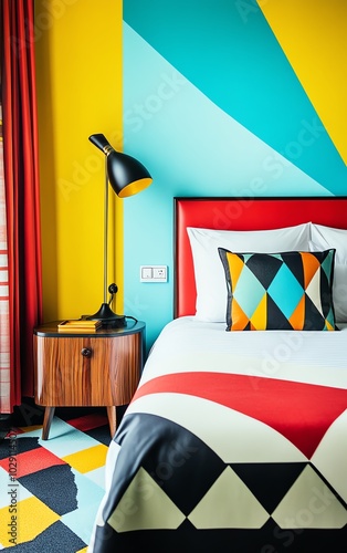 Art decoinspired hotel room with geometric patterns, bold colors, and vintage furniture photo