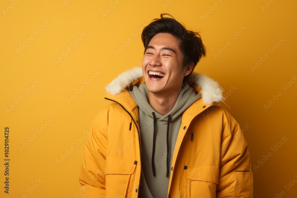 Portrait of a joyful asian man in his 20s wearing a warm parka on soft yellow background Portrait of a joyful asian man in his 20s wearing a warm parka on soft yellow background