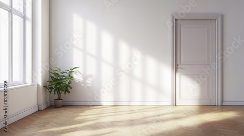 Wallpaper Mural A serene room with a potted plant, wooden floor, and door. Sunlight streams through large windows. Torontodigital.ca