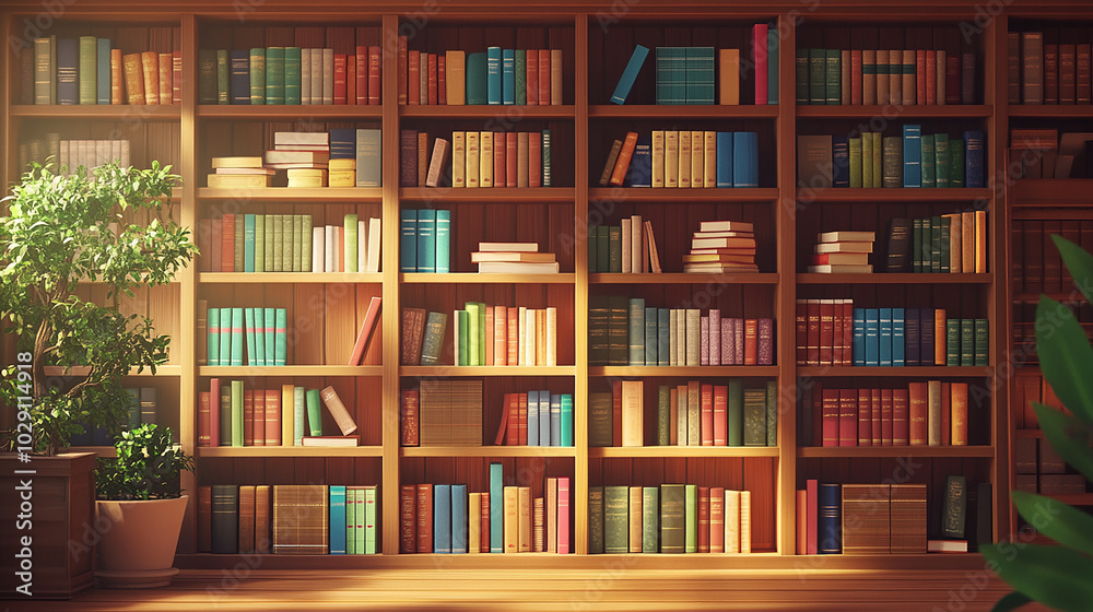 Wooden bookshelf background with books stacked neatly Wooden bookshelf background with books stacked neatly