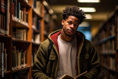 Portrait of a African American male student in library