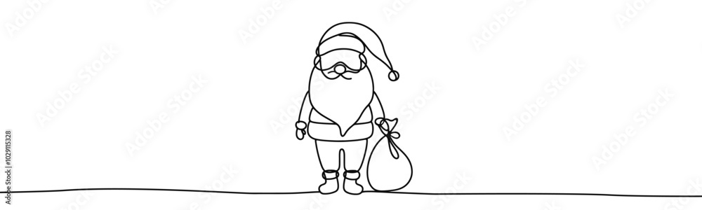 Single drawing with continuous line on white background. Santa Claus with sack of presents on minimalistic background Single drawing with continuous line on white background. Santa Claus with sack of presents on minimalistic background