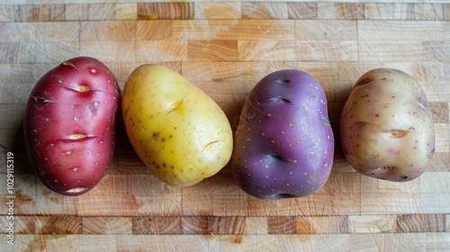 Four Potatoes of Different Colors on a Wooden Cutting Board photo