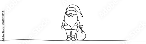 Single drawing with continuous line on white background. Santa Claus with sack of presents on minimalistic background	