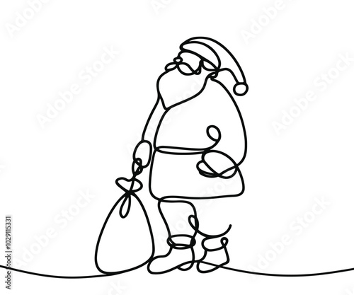 Single drawing with continuous line on white background. Santa Claus with sack of presents on minimalistic background	