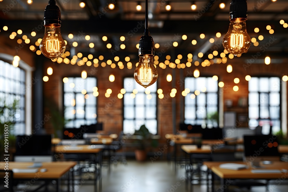 Obraz premium Blurred background of modern office interior with beautiful lighting.