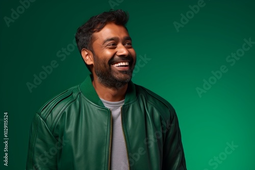 Portrait of a satisfied indian man in his 30s sporting a stylish varsity jacket isolated on soft green background