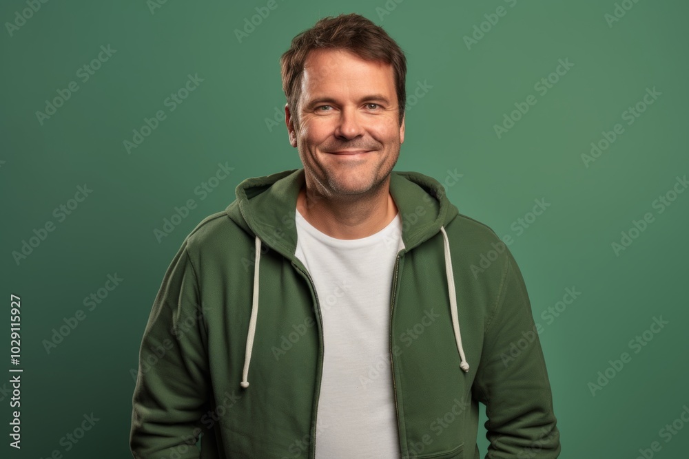 Portrait of a happy man in his 40s wearing a zip-up fleece hoodie on soft green background Portrait of a happy man in his 40s wearing a zip-up fleece hoodie on soft green background