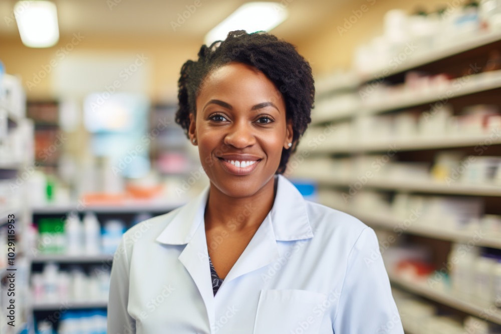 Portrait of a middle aged African American female pharmacist in pharmacy