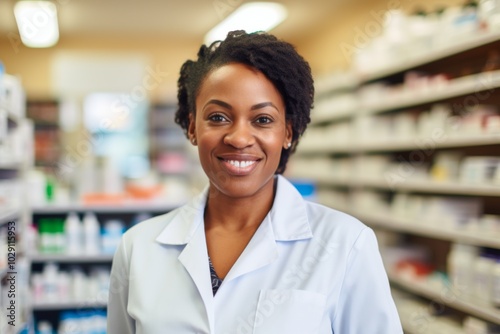 Portrait of a middle aged African American female pharmacist in pharmacy