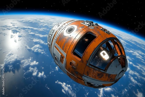 Futuristic spacecraft with rusted metal panels, drifting in space with corrosion spreading across its once gleaming surface, creating a haunting image of futuristic abandonment photo