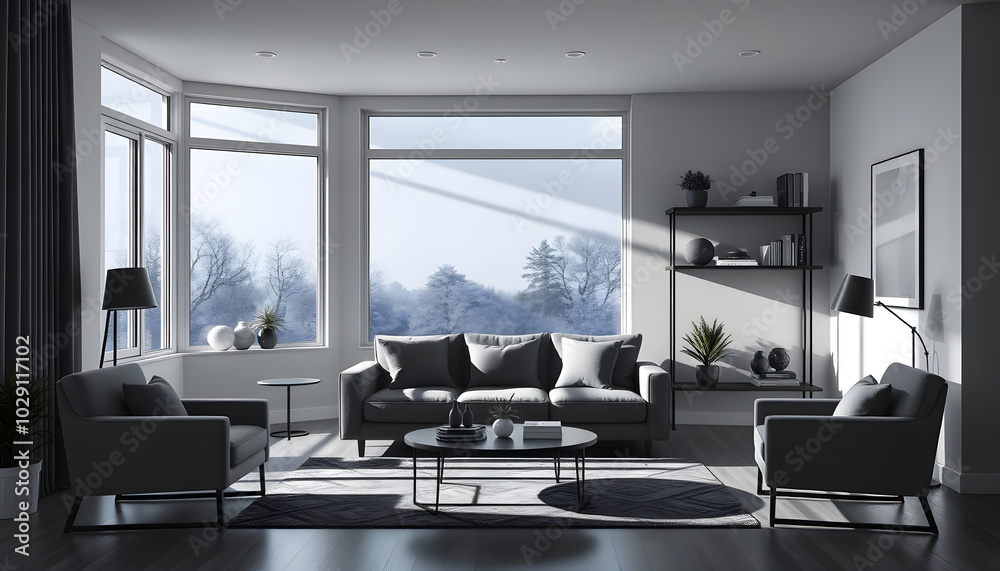 Home living room interior with sofa and armchairs, shelf and panoramic window isolated with white highlights, png Home living room interior with sofa and armchairs, shelf and panoramic window isolated with white highlights, png