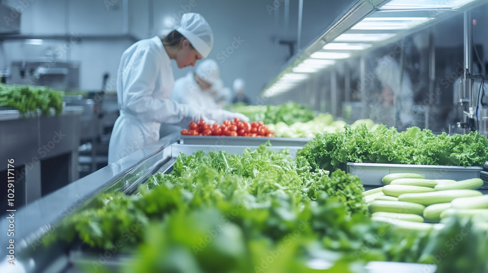 Workers checking vegetables in a sterile factory Workers checking vegetables in a sterile factory