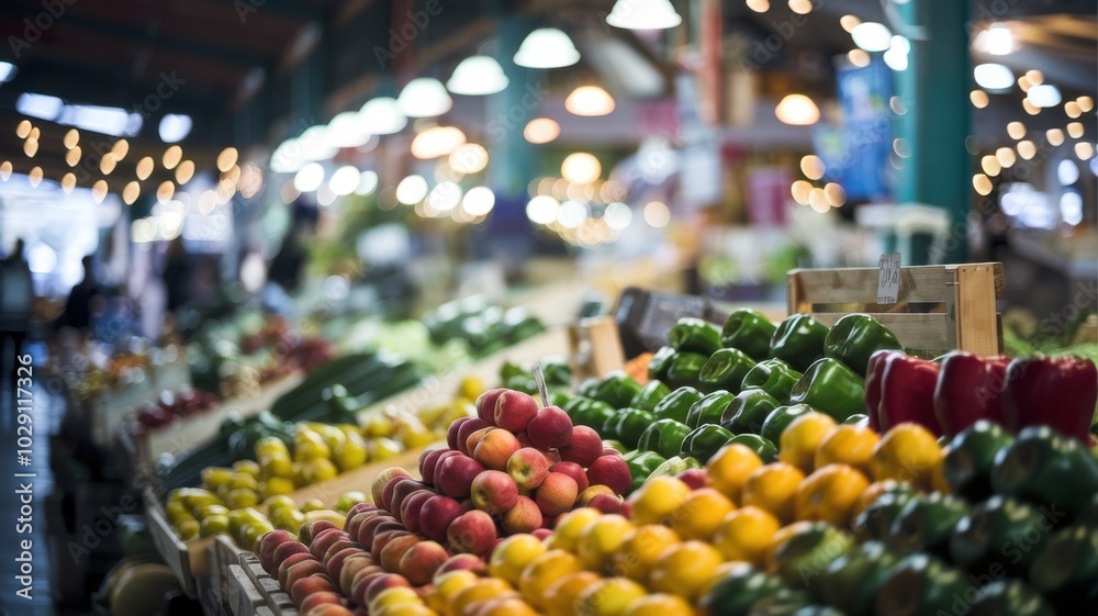Colorful fresh fruits and vegetables display at a market under warm lighting. Colorful fresh fruits and vegetables display at a market under warm lighting.