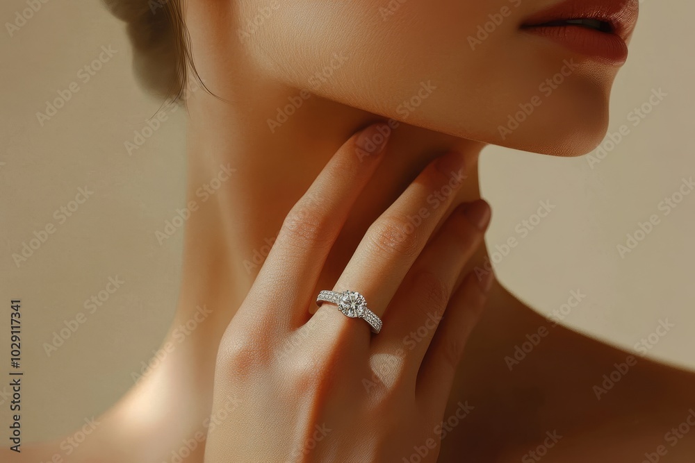 beautiful female hand with a ring of diamonds touches her face on a beige background beautiful female hand with a ring of diamonds touches her face on a beige background