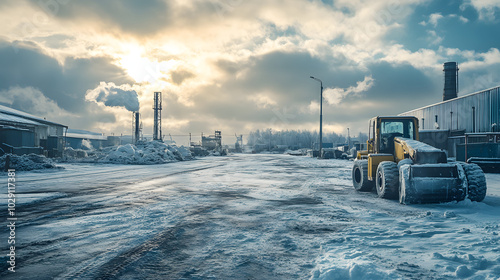 An industrial area with icy roads and machinery covered in frost with thick clouds above. photo