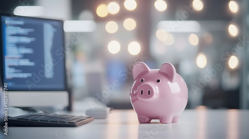 Modern Financial Planning Piggy Bank with IT Specialists Keyboard and Glowing Computer Screens in a Dynamic Workspace - A Vision for Future Investments